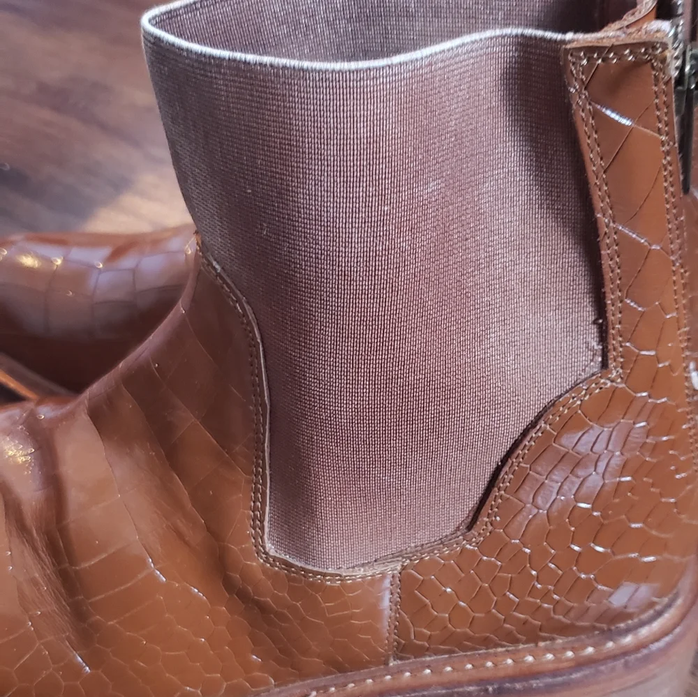 Free People Brown Croc-Embossed Leather Ankle Boots